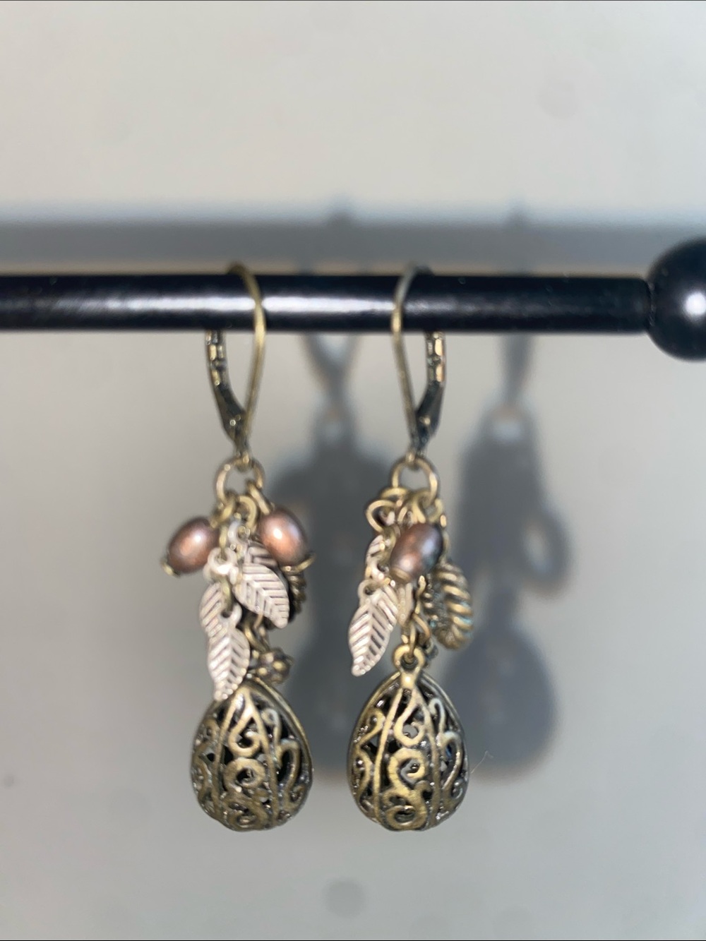 Antique Silver-Tone Filigree Drop Earrings with Dark Pearl Accents